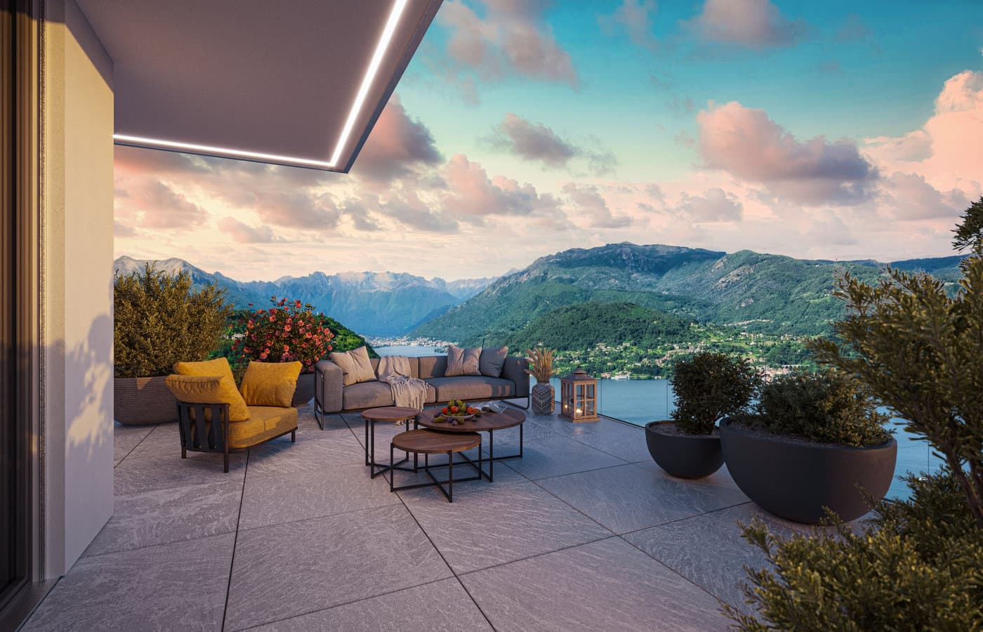 Architekturvisualisierung einer Terrasse mit Blick in die Landschaft
